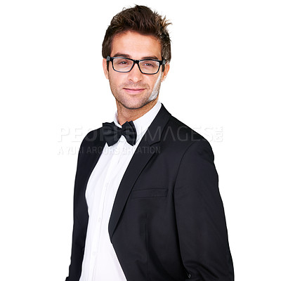 Buy stock photo Fashion, confidence or man with tuxedo, suit and glasses for formal wear, elegant outfit or apparel on white background. Blazer, studio or model smirk with classy suit, fancy clothes and eyeglasses
