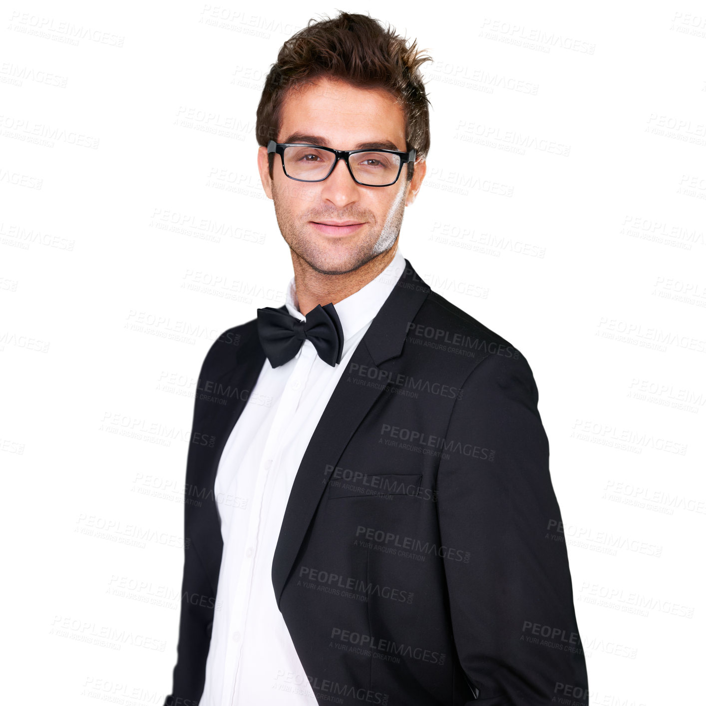 Buy stock photo Fashion, confidence or man with tuxedo, suit and glasses for formal wear, elegant outfit or apparel on white background. Blazer, studio or model smirk with classy suit, fancy clothes and eyeglasses