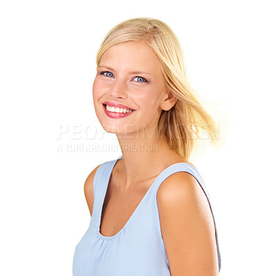 Buy stock photo Happy woman, portrait and blonde in natural beauty, fashion and makeup on a white studio background. Face of female person or model smile in style for facial, clothing or skin and cosmetics on mockup