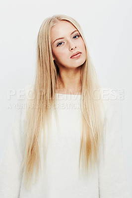 Buy stock photo Woman, portrait and fashion for natural beauty, style or haircare on a white studio background. Face of young female person, blonde or attractive model in casual clothing with makeup and cosmetics