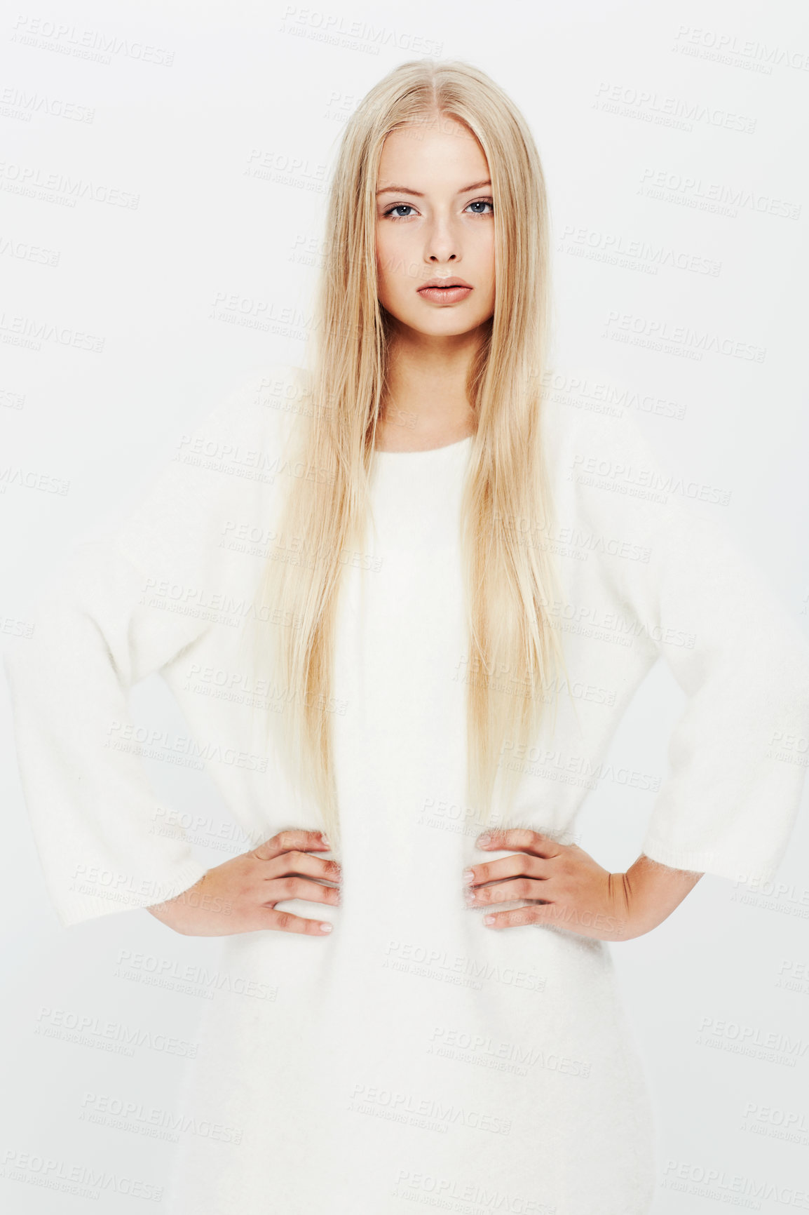 Buy stock photo Blonde woman, portrait and fashion in confidence for natural beauty in haircare, cosmetics or makeup on a white studio background. Face of young female person or attractive model in stylish outfit
