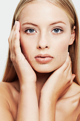 Buy stock photo Woman, face and hands on skin for beauty, natural cosmetics and glamour on white background. Clean, skincare and dermatology with makeup, wellness and facial for treatment, makeover and portrait 