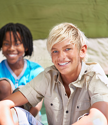 Buy stock photo Portrait, happy children and friends in tent together,  camping and relax outdoor on summer holiday. Face of young boys, campsite and kids smile for vacation travel, recreation adventure and leisure