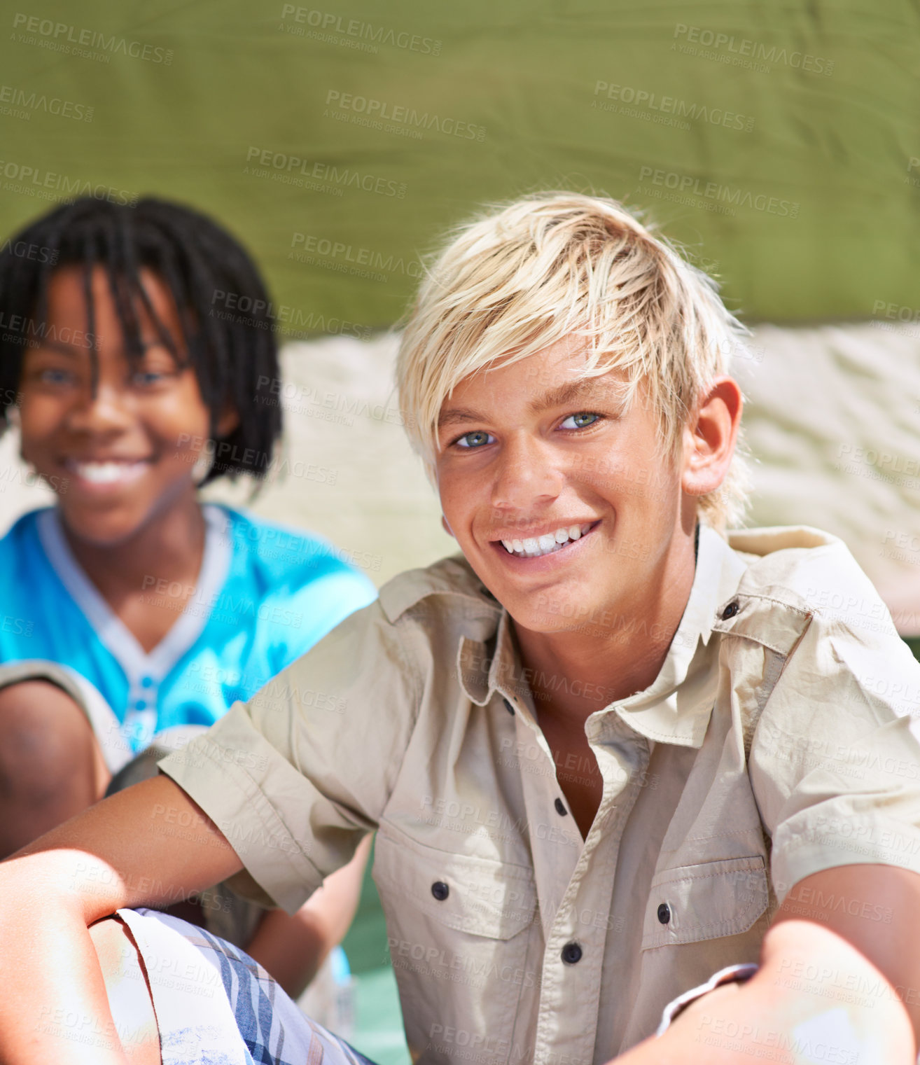 Buy stock photo Portrait, happy children and friends in tent together,  camping and relax outdoor on summer holiday. Face of young boys, campsite and kids smile for vacation travel, recreation adventure and leisure