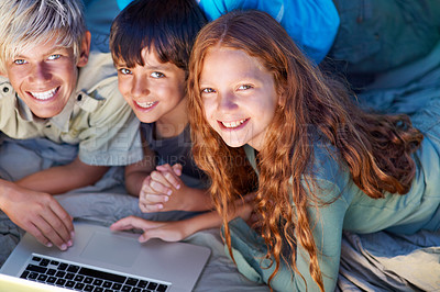 Buy stock photo Children, portrait and relax with laptop on floor together with happiness and online games for holiday or vacation. Kids, smile and playing with computer on website, streaming or search on internet
