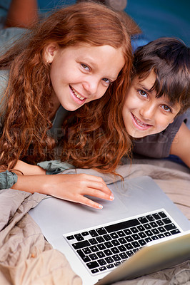 Buy stock photo Children, relax and portrait with laptop on floor together with happiness and online games for holiday or vacation. Kids, smile and playing with computer on website, streaming or search on internet