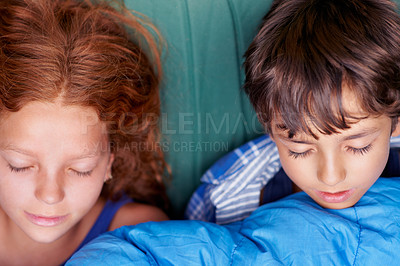 Buy stock photo Eyes closed, camping and children in sleeping bag for resting, relaxing and comfortable in tent. Travel, youth and above of kids in sleep sack on adventure for holiday, vacation and weekend outdoors