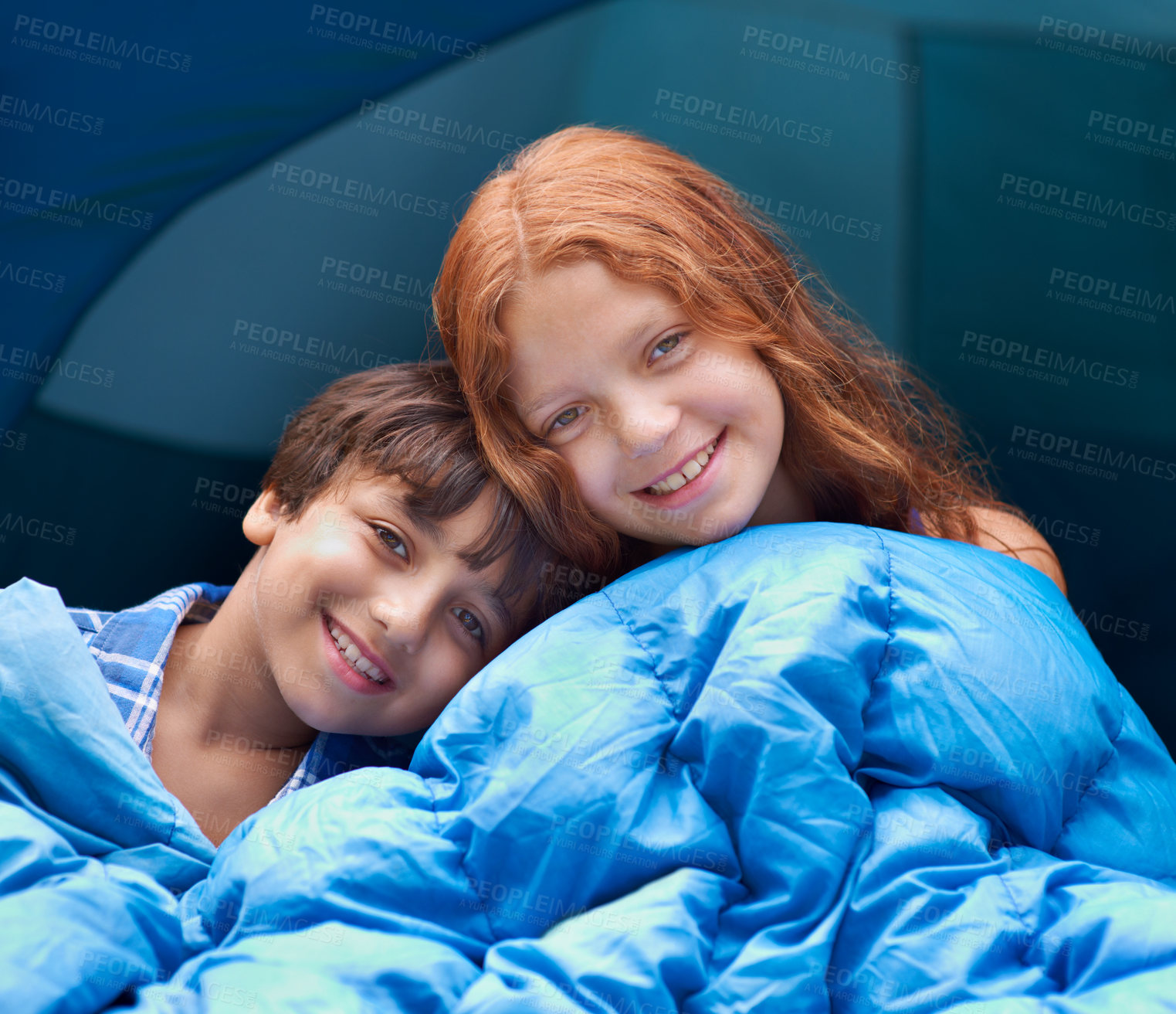 Buy stock photo Love, portrait and children hug with blanket for camping, comfort and bonding outdoor together. Happy family, face and kids outside for journey, fun and adventure in a forest for vacation sleepover