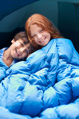 Buy stock photo Happy, portrait and children hug with blanket for camping, comfort and bonding outdoor together. Family, love and face of kids outside for journey, fun or adventure in a forest for vacation sleepover