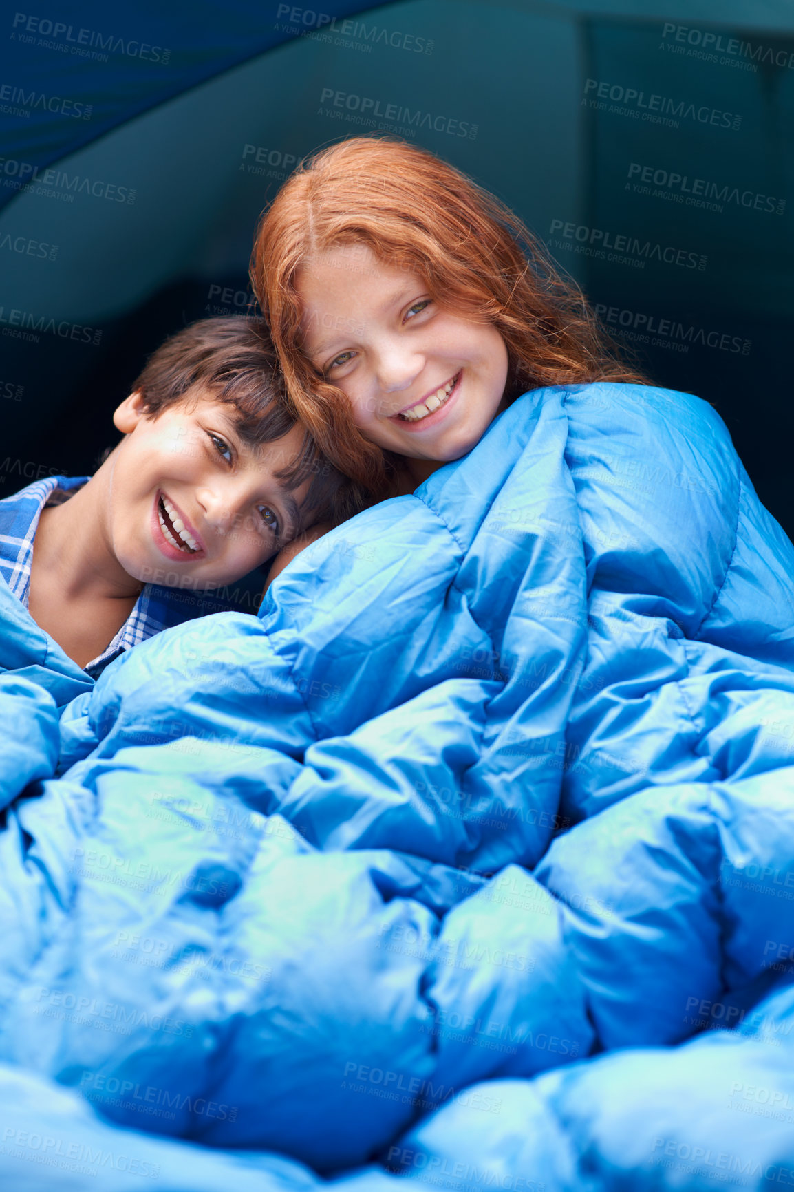 Buy stock photo Happy, portrait and children hug with blanket for camping, comfort and bonding outdoor together. Family, love and face of kids outside for journey, fun or adventure in a forest for vacation sleepover