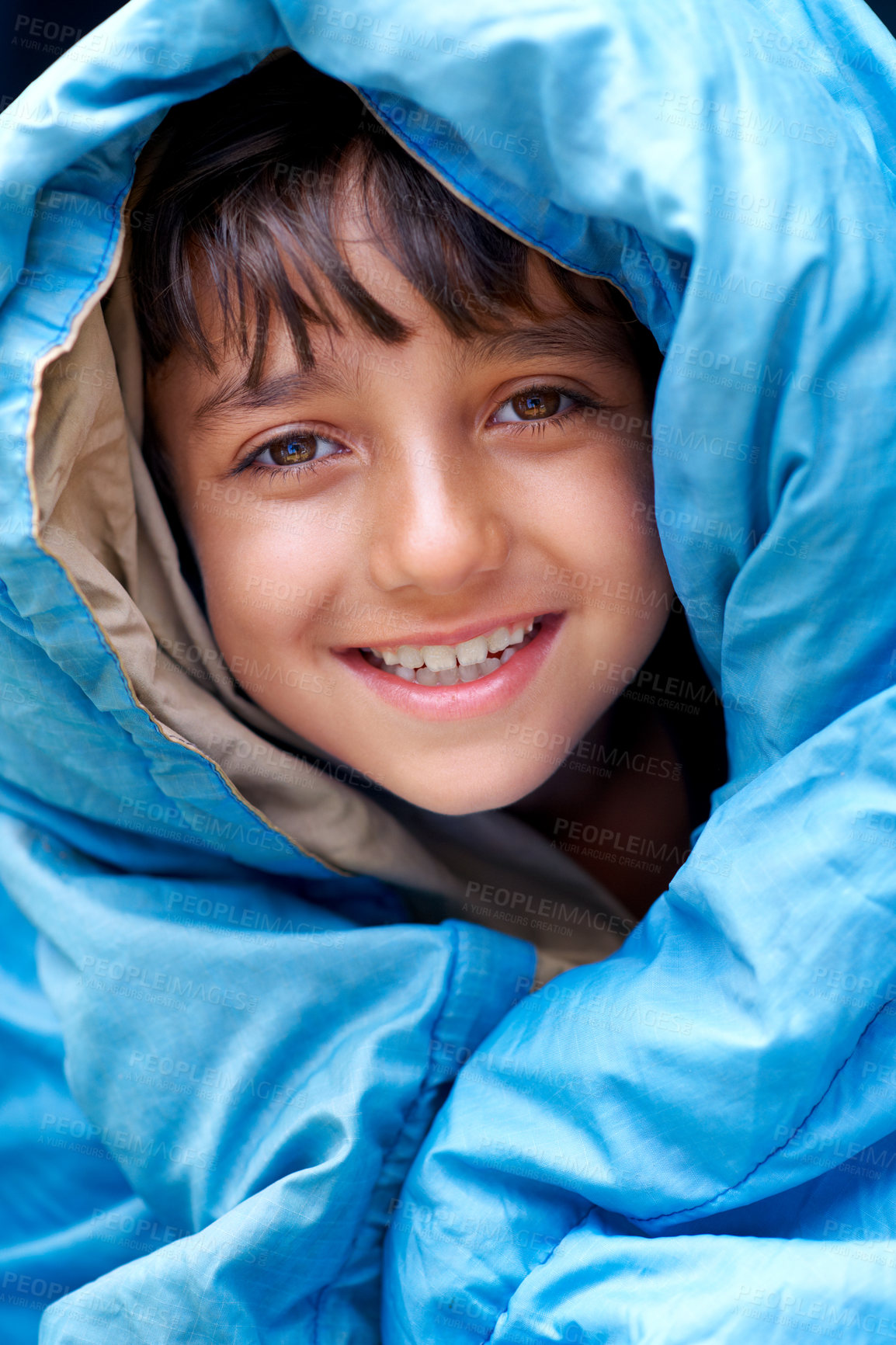 Buy stock photo Boy, child and tent portrait for camping, relax and happy summer vacation in outdoor travel. Young camper, smile and wrapped in sleeping bag, adventure or nature with recreation for childhood