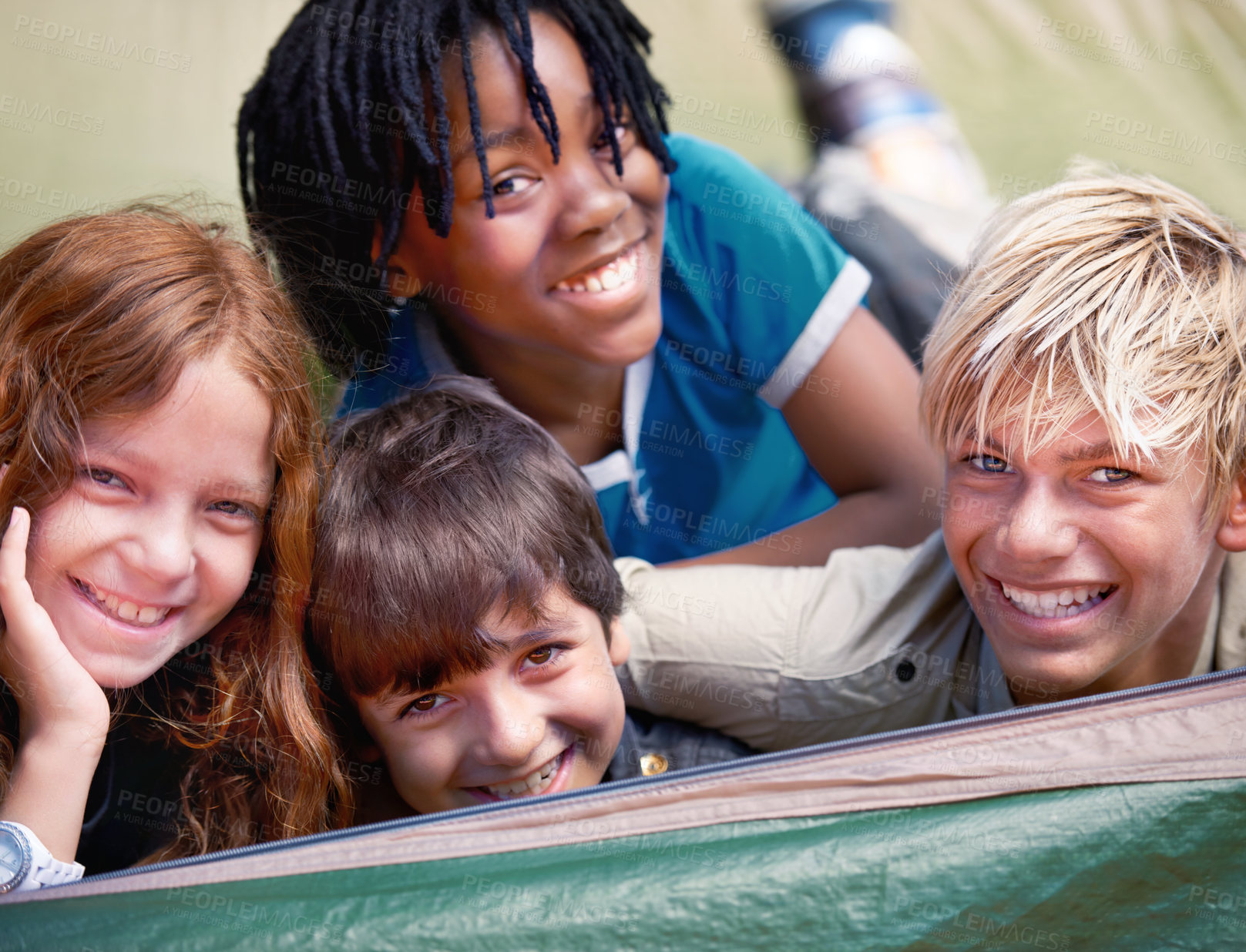 Buy stock photo Friends, camping and happy portrait of children for resting, relaxing and comfortable in tent. Travel gear, smile and young girls and boys for adventure on holiday, vacation and weekend outdoors