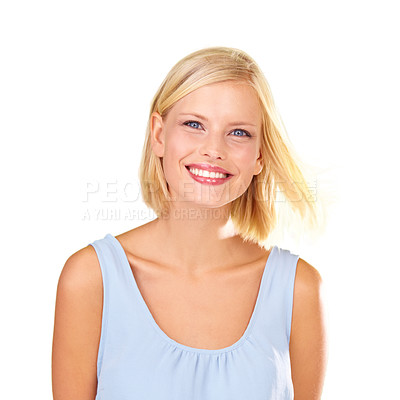 Buy stock photo Studio portrait of an attractive young blonde woman wearing a dress