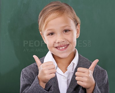 Buy stock photo Child by chalkboard, portrait and thumbs up for education, learning and school success, like and support. Face of happy kid, girl or student with good job, yes or ok hands for classroom achievement 