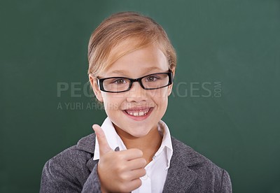 Buy stock photo Girl by chalkboard, portrait and thumbs up for education, learning and school success, like and support. Face of happy kid, child or student with glasses, yes and ok hands for classroom achievement 