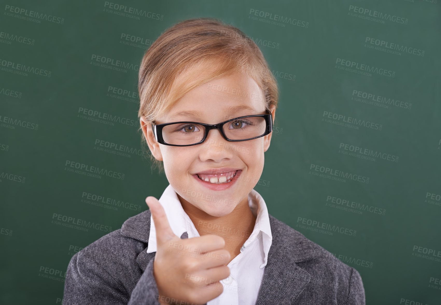 Buy stock photo Girl by chalkboard, portrait and thumbs up for education, learning and school success, like and support. Face of happy kid, child or student with glasses, yes and ok hands for classroom achievement 