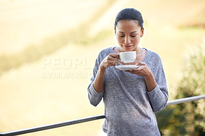 Buy stock photo Woman, coffee and relax on balcony outdoor, aroma and warm beverage with morning routine and zen in nature. Peace, mockup and espresso for caffeine or happiness with smile and tea cup in countryside