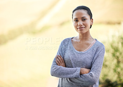 Buy stock photo Woman, arms crossed and portrait outdoor, smile with calm and wellness in countryside for travel. Adventure, peace and happy in nature with confidence, mockup space and environment with positivity