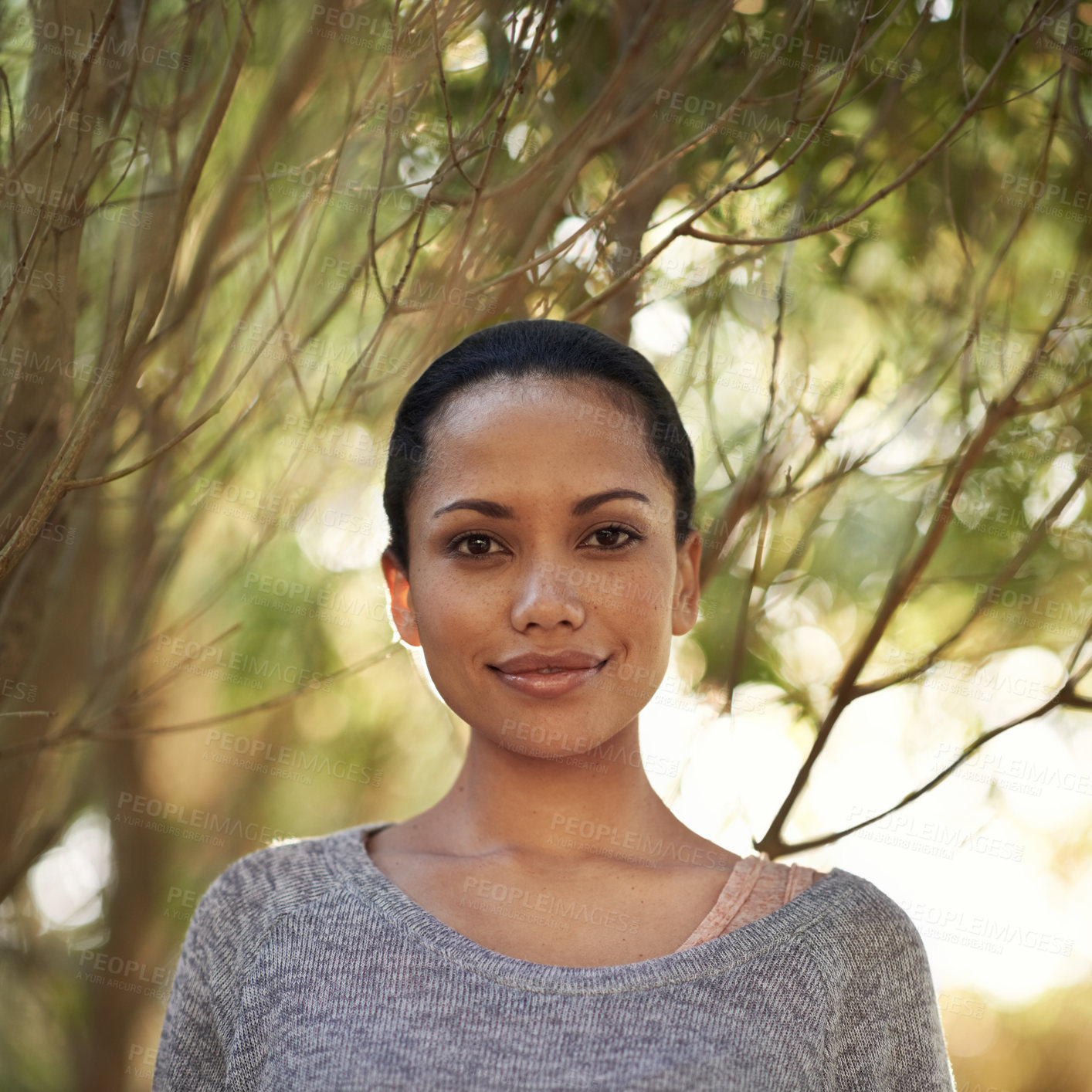 Buy stock photo Nature, wellness and portrait of woman relax with outdoor spring, fresh air and weekend break in eco friendly forest. Woods, botanical garden and face of person on morning walk in natural park