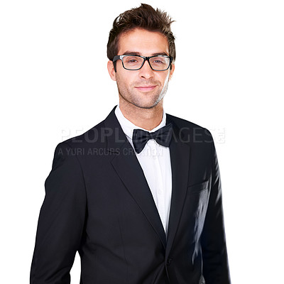 Buy stock photo Studio portrait, fashion and confident man in tuxedo, formal evening wear or elegant outfit on white background. Suit, glasses and aesthetic model with classy outfit, fancy clothes and classic style