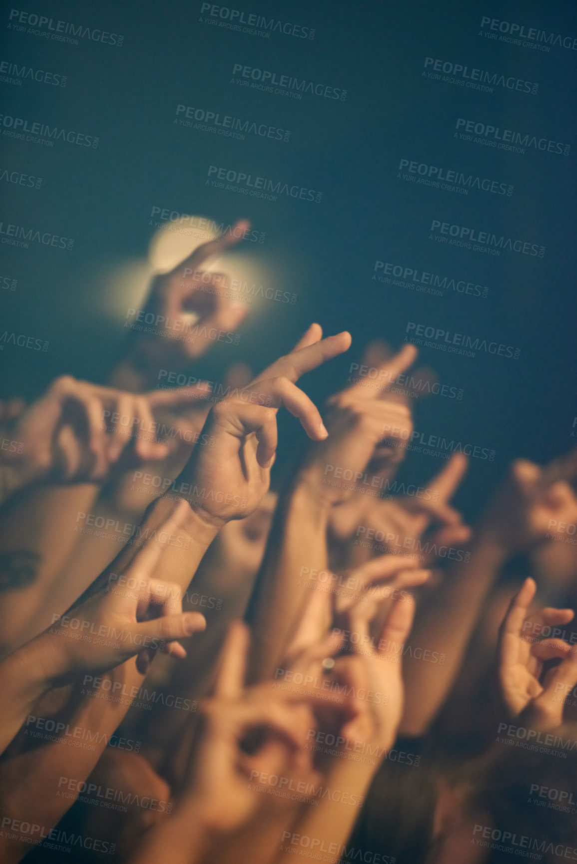 Buy stock photo Rock concert, hands and music festival with people, event and party with fun and entertainment. Freedom, energy or crowd screaming with excitement and social with audience or group with performance