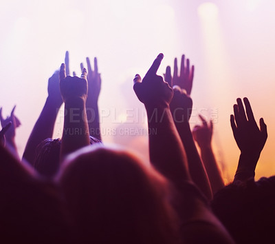 Buy stock photo Rock concert, hands and music festival with people, energy and party with fun and entertainment. Freedom, dance or crowd screaming with excitement and social with audience or group with celebration