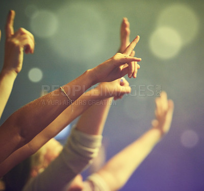 Buy stock photo Rock concert, hands and music festival with people, lights and party with performance and entertainment. Celebration, energy or crowd shouting with excitement or event with audience or group with joy