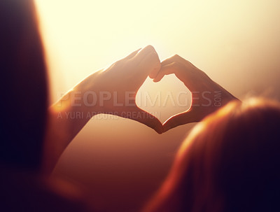 Buy stock photo Concert, night and hands of people with heart for support from fan in celebration of music, festival and event. Party, love and person with emoji, sign and gesture for care at rave with light