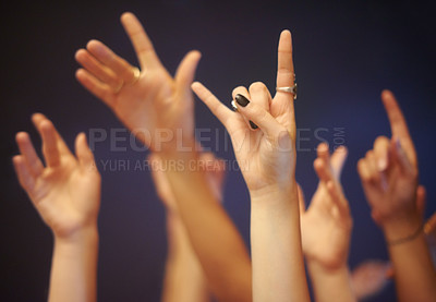 Buy stock photo Rock on gesture, hands and music festival with people, celebration and party with entertainment and night. Concert, energy and crowd with symbol and excited with audience and group with performance