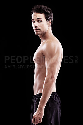 Buy stock photo Portrait, man and body of bodybuilder on black background, dark studio and muscular abdomen. Sexy, serious and strong male model, sports athlete and fitness power for exercise, training and muscle 