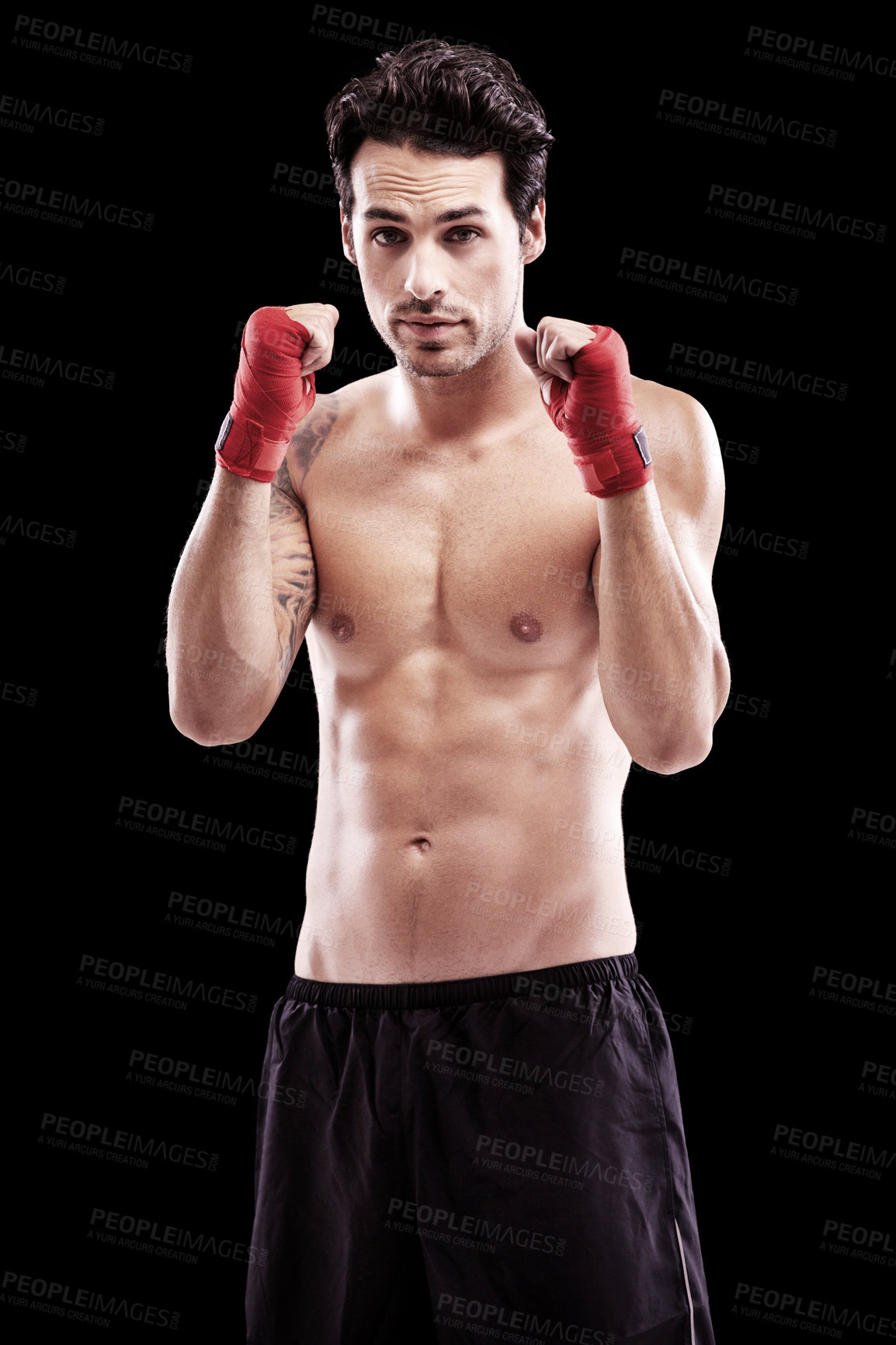 Buy stock photo Boxing, man and portrait in studio for fitness exercise in competition martial arts training. Champion, fist and model for professional workout with focus on health and wellness goal at sport club.