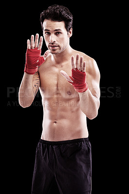 Buy stock photo Model, boxer and hands in portrait dark background for training workout for fight at the gym. Kick boxing, professional and focus train with motivation for exercise at the gym for a competition.