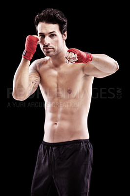 Buy stock photo Man, portrait and fitness with boxer fist in a studio with boxing training and workout. Body, athlete and male fighter from Brazil with exercise, sport and wellness for battle with black background