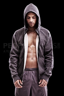 Buy stock photo Fashion, body or fitness man with hoodie, jacket or gym, clothes or style choice in studio on black background. Exercise, chest and confident, muscular or active model with comfortable workout outfit