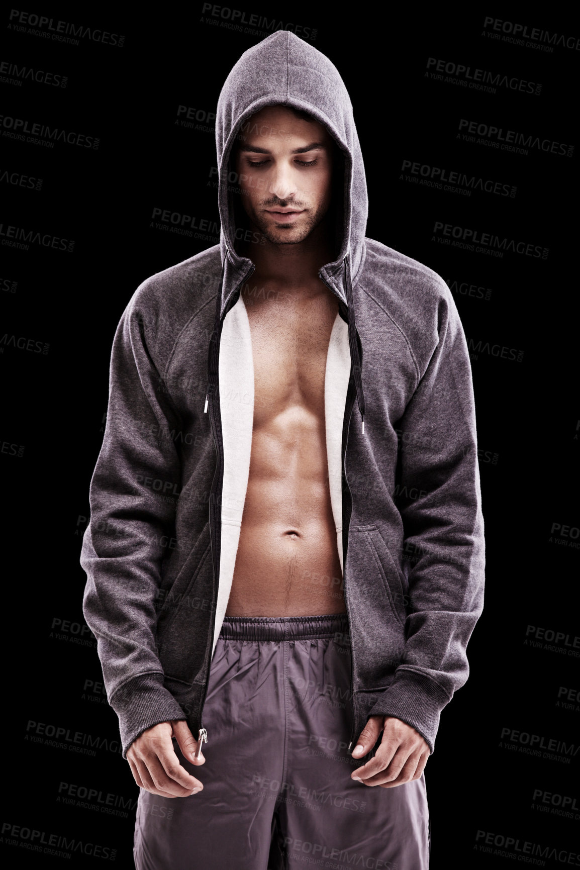 Buy stock photo Fashion, body or fitness man with hoodie, jacket or gym, clothes or style choice in studio on black background. Exercise, chest and confident, muscular or active model with comfortable workout outfit