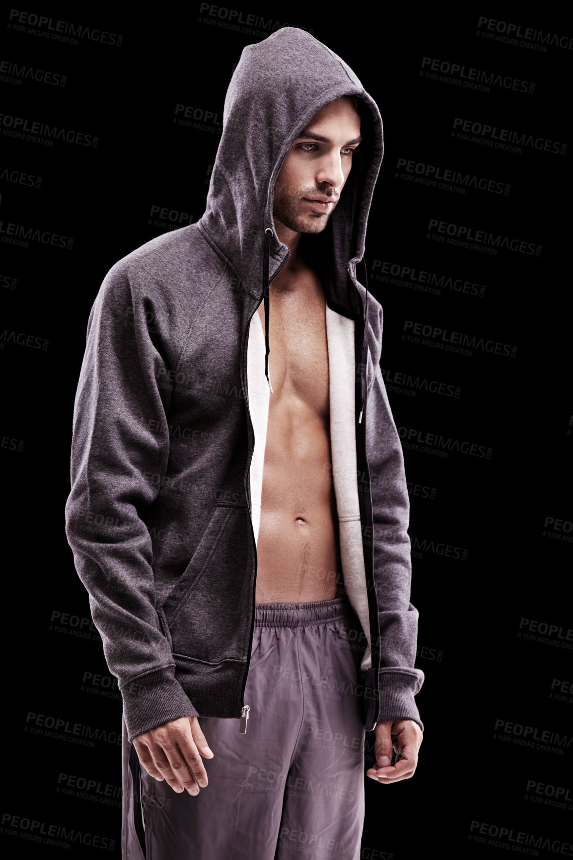 Buy stock photo Fashion, body and fitness man in studio with hoodie, jacket or gym, clothes or style choice on black background. Exercise, chest or profile of confident male model with comfortable workout outfit