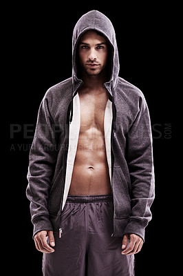 Buy stock photo Fashion, body and portrait of man in studio with hoodie, jacket or grunge style choice on black background. Streetwear, chest or confident male model posing in punk outfit, clothes and cool attitude