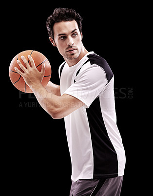 Buy stock photo Basketball, fitness and man in studio with game, training or speed, resilience or practice on black background. Sports, exercise or player with ball for body workout, action and performance challenge