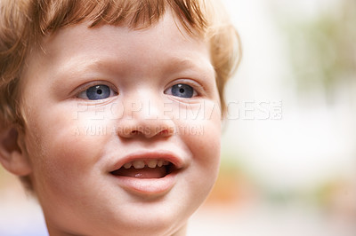 Buy stock photo Toddler, outdoor and face of happy kid in garden, nature or park for fun freedom or playing in backyard. Blur, excited boy and curious male baby outside for child development, smile or growth alone