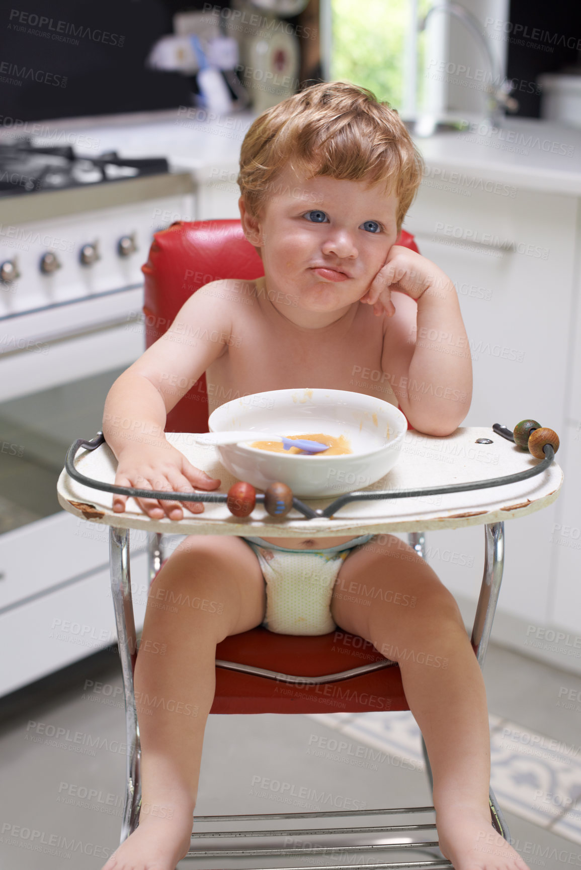 Buy stock photo Eating, toddler and boy in chair for food, feeding or meal in house kitchen or home for breakfast. Hungry kid, baby thinking and healthy child with bowl for nutrition, natural diet or growth alone