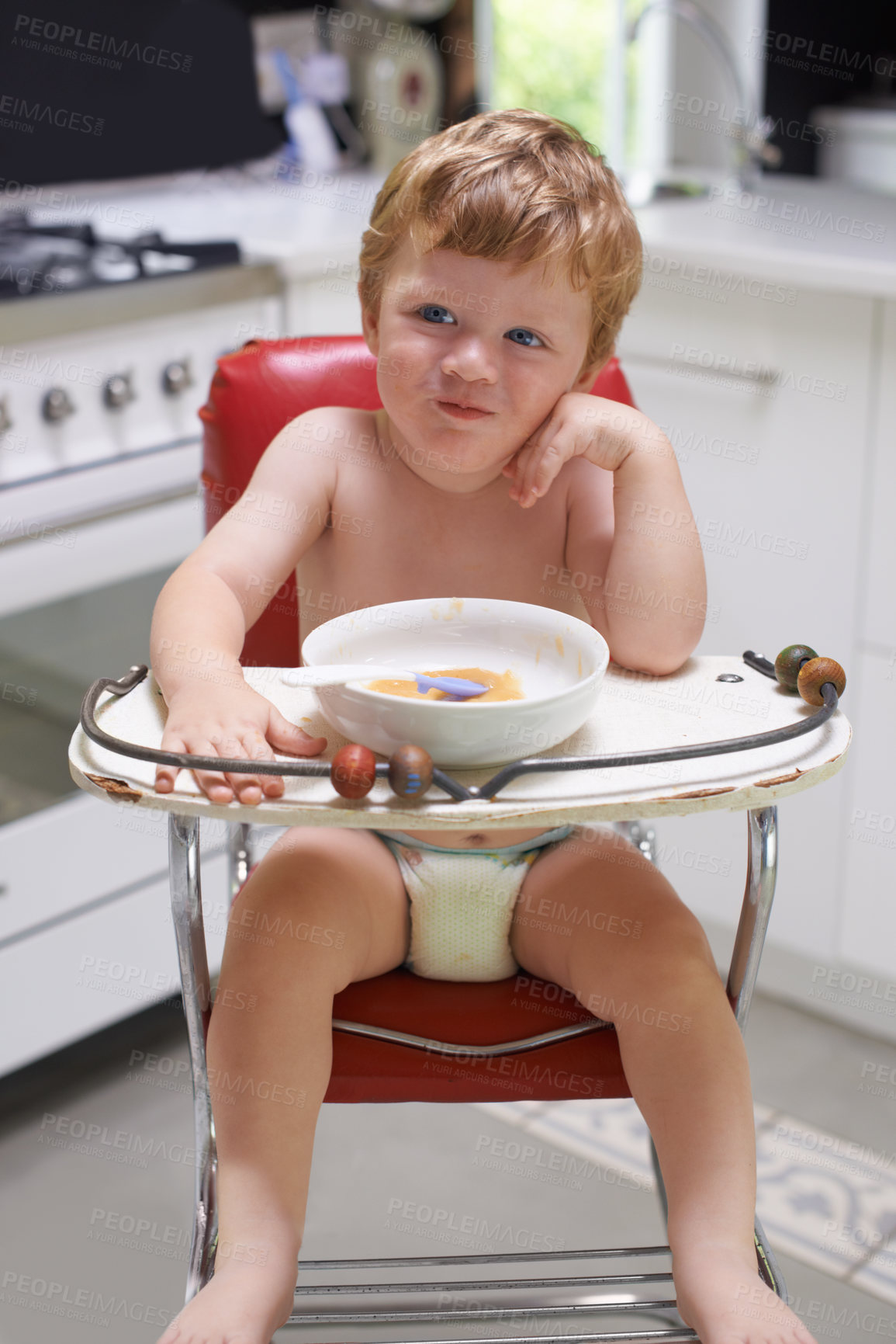 Buy stock photo Eating, toddler and baby in chair for food, feeding or meal in house kitchen or home for breakfast. Hungry kid, wellness and healthy boy child with bowl for nutrition, natural diet or growth alone