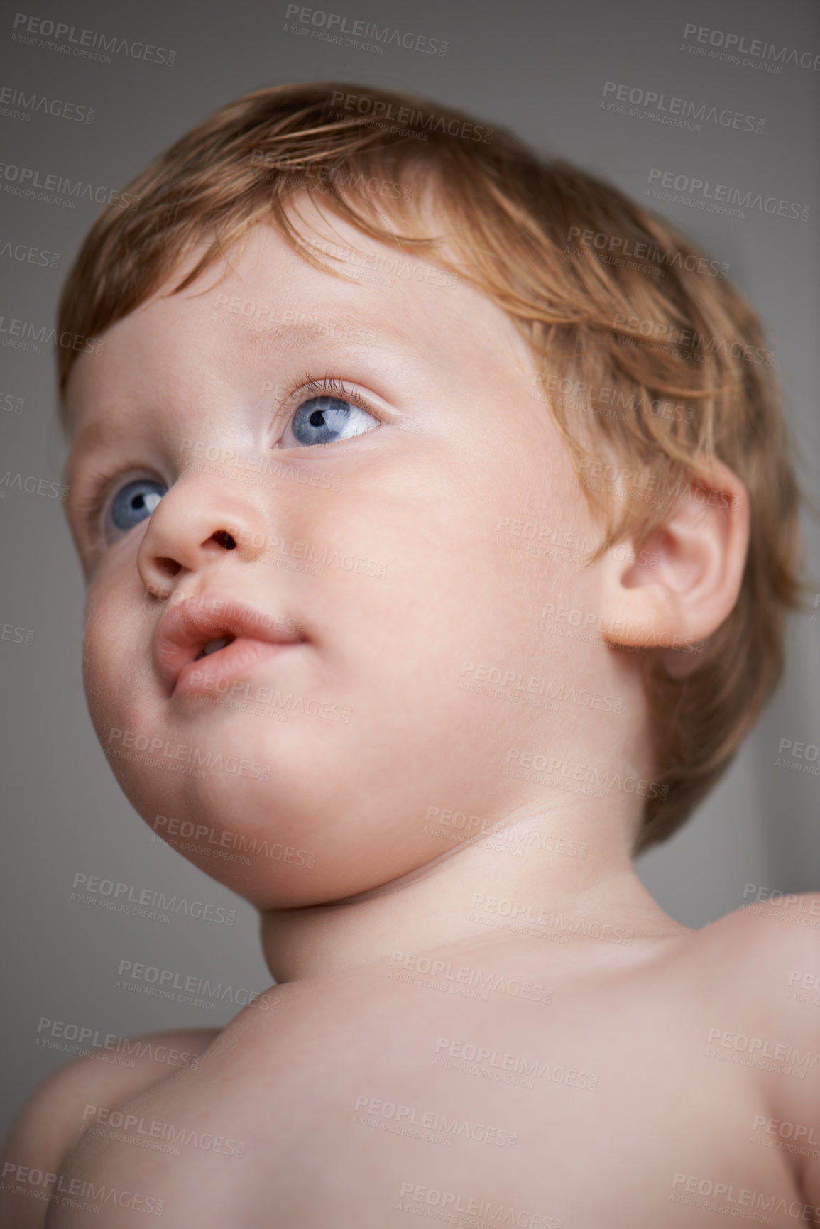 Buy stock photo Boy, little child and thinking for development and growth in the future at home. Male baby, vision and redhead with face for childhood curiosity looking relaxed, adorable and cute in his house 