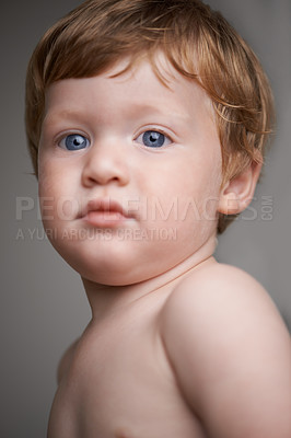 Buy stock photo Cropped head and shoulders portrait of a cute little toddler