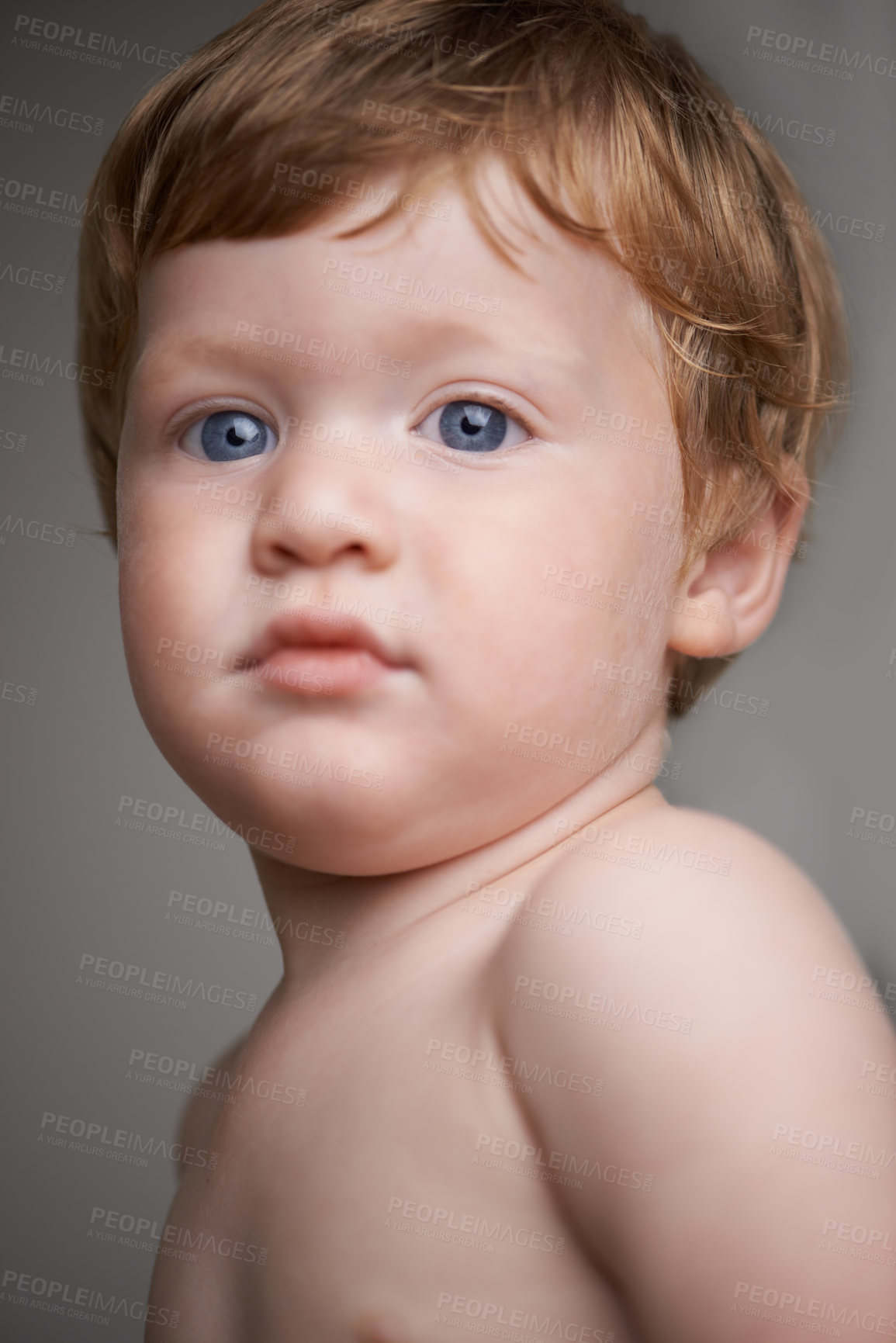 Buy stock photo Cropped head and shoulders portrait of a cute little toddler