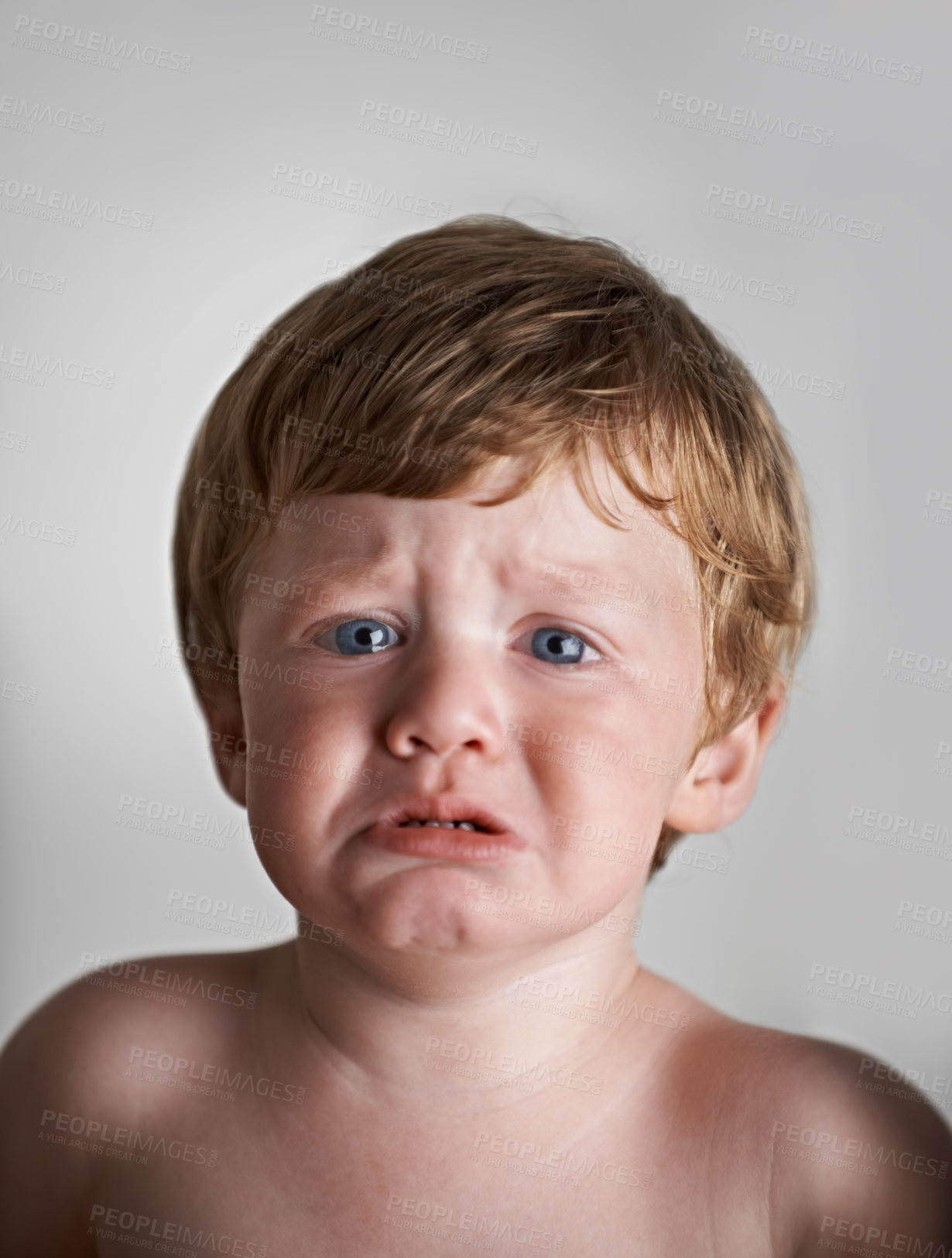 Buy stock photo Sad toddler, anxiety and portrait of baby in his home with emotional problem or loss in childhood. Crying, trouble and house with a frustrated young male kid, infant or boy with tears, fear or crisis