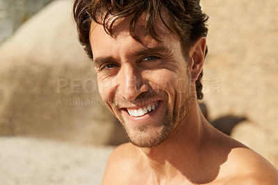 Buy stock photo Man, smile and portrait at the beach on a holiday and summer vacation outdoor with travel. Happy, sea and male person from California by the ocean with confidence and freedom from trip and journey