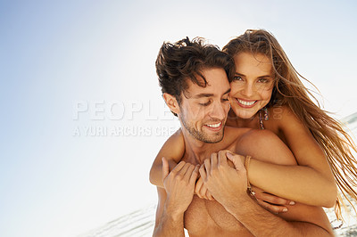 Buy stock photo Happy, couple and hug portrait on beach holiday with love, care and support together with a smile. Vacation, travel and ocean with honeymoon, date and outdoor in summer with bonding on a trip