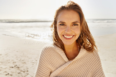 Buy stock photo Travel, portrait and happy woman at a beach for summer, break or vacation, adventure or holiday. Ocean, face and female person smile at the sea with freedom, good mood or solo trip in South Africa