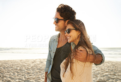 Buy stock photo Travel, hug and happy couple at a beach with love, adventure and bonding in nature together. Profile, freedom and people embrace at the sea for ocean view, summer and romance on Miami vacation trip