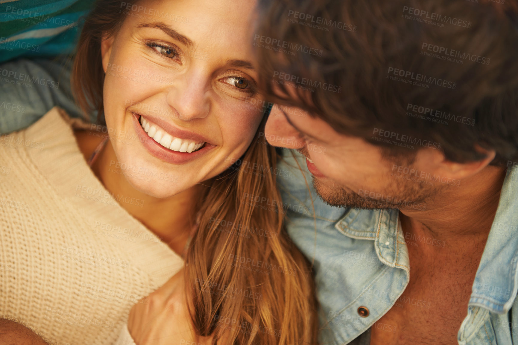 Buy stock photo Blanket, smile and couple with love, relax and peaceful with weekend break and relationship. Happy, bonding together and man with woman and laughing with conversation and journey with getaway trip